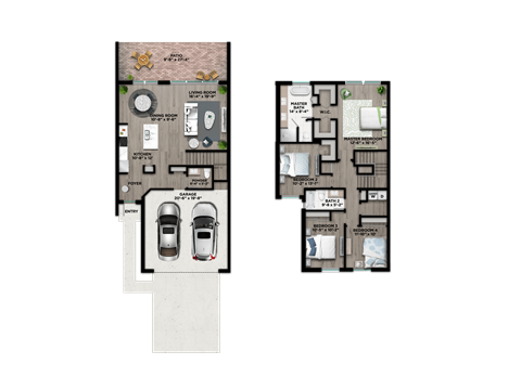 A floor plan of a house with two bedrooms, a living room, a kitchen, a bathroom, and two parking spaces.